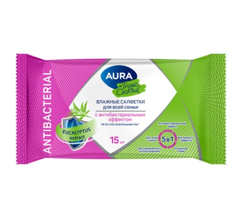 Салфетки влажные 15 шт., AURA Tropic Cocktail, c антибактериальным эффектом, 10388