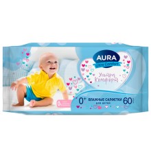 Салфетки влажные детские 60 шт., AURA Ultra Comfort, 0+, без спирта, 8106