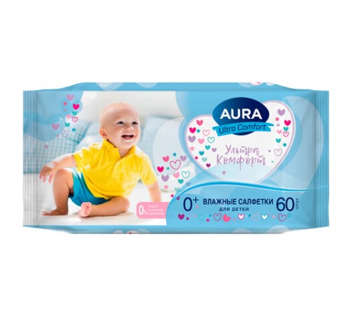 Салфетки влажные детские 60 шт., AURA Ultra Comfort, 0+, без спирта, 8106