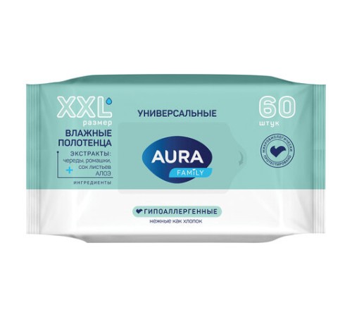Полотенца влажные 60 шт., XXL, AURA 