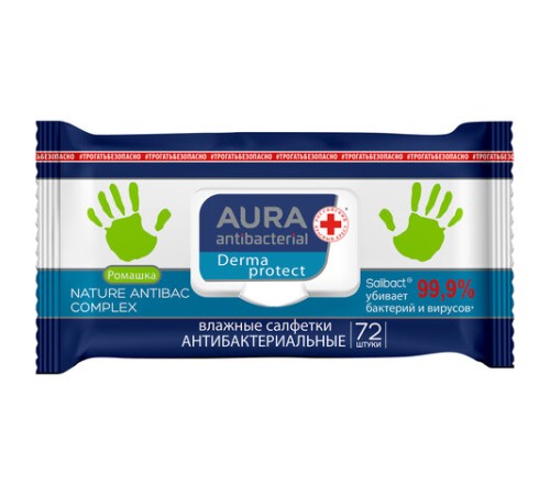 Салфетки влажные 72 шт., AURA антибактериальные, с пластиковым клапаном, 10037