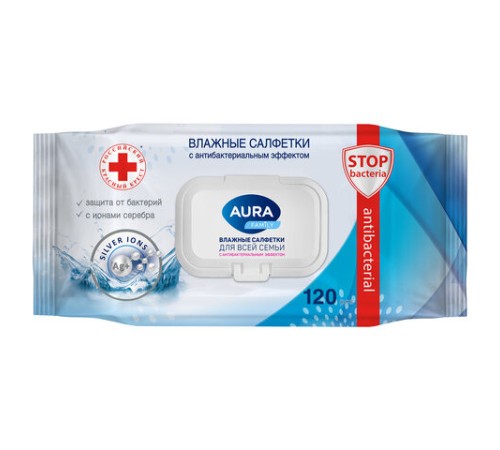Салфетки влажные 120 шт., AURA Family, антибактериальные, для всей семьи, крышка клапан, 92342, 14622