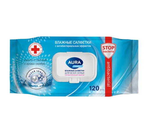 Салфетки влажные 120 шт., AURA Family, антибактериальные, для всей семьи, крышка клапан, 92342, 14622