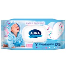 Салфетки влажные детские 120 шт., AURA Ultra Comfort с алоэ и витамином Е, 0+, крышка клапан, 14847