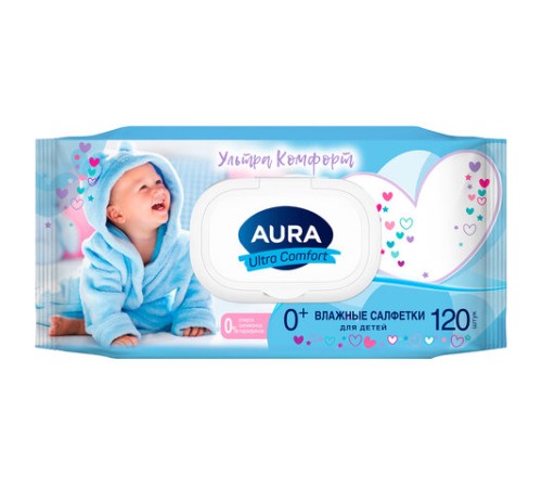 Салфетки влажные детские 120 шт., AURA Ultra Comfort с алоэ и витамином Е, 0+, крышка клапан, 14847
