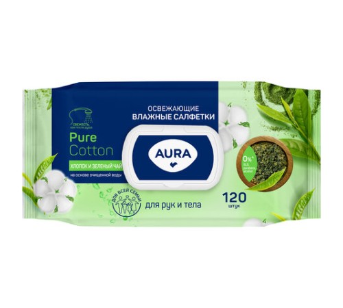 Салфетки влажные 120 шт., AURA освежающие, с пластиковым клапаном, 12827