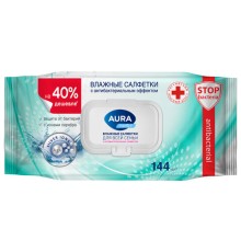 Салфетки влажные 144 шт., AURA Family, антибактериальные, для всей семьи, крышка клапан, 10393