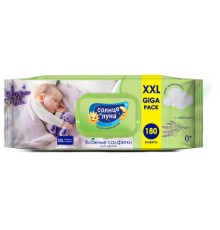 Салфетки влажные детские 180 шт., СОЛНЦЕ И ЛУНА с лавандой, 0+, с пластиковым клапаном, 9920