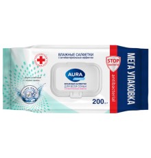 Салфетки влажные 200 шт., AURA Family, антибактериальные, для всей семьи, крышка клапан, 10394