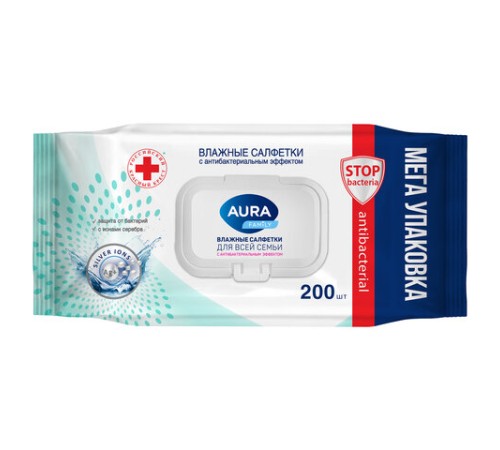 Салфетки влажные 200 шт., AURA Family, антибактериальные, для всей семьи, крышка клапан, 10394