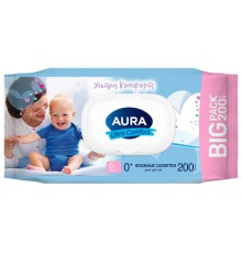 Салфетки влажные детские 200 шт., AURA Ultra Comfort, без спирта, 0+, с пластиковым клапаном, 8839