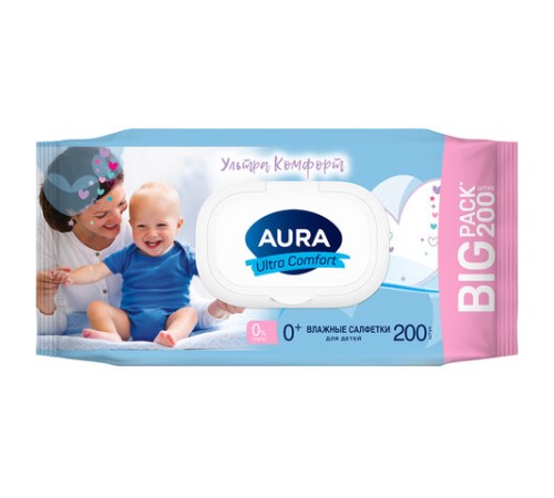Салфетки влажные детские 200 шт., AURA Ultra Comfort, без спирта, 0+, с пластиковым клапаном, 8839