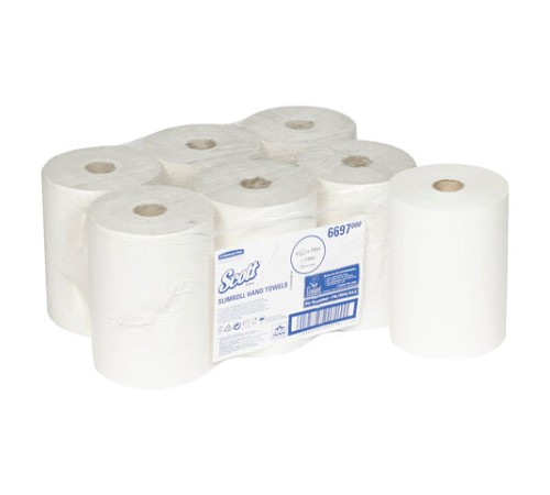 Полотенца бумажные рулонные KIMBERLY-CLARK Scott, КОМПЛЕКТ 6 шт., Slimroll, 190 м, белые, 6697