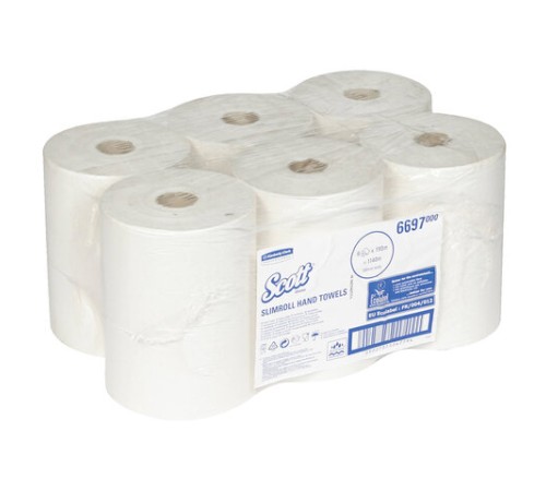Полотенца бумажные рулонные KIMBERLY-CLARK Scott, КОМПЛЕКТ 6 шт., Slimroll, 190 м, белые, 6697