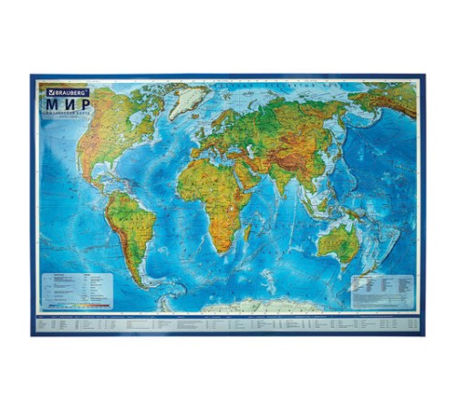Карта мира физическая 199х134 см, 1:15,5М, с ламинацией, интерактивная, в тубусе, BRAUBERG, 112389