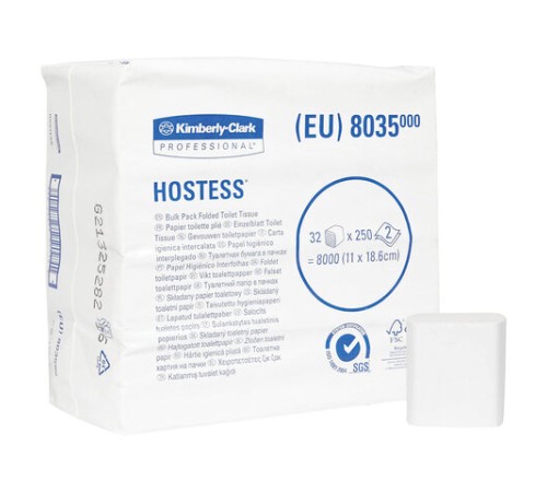 Бумага туалетная листовая KIMBERLY-CLARK Hostess КОМПЛЕКТ 32 шт., 250 листов, 18,6х11 см, 2-слойная, 8035