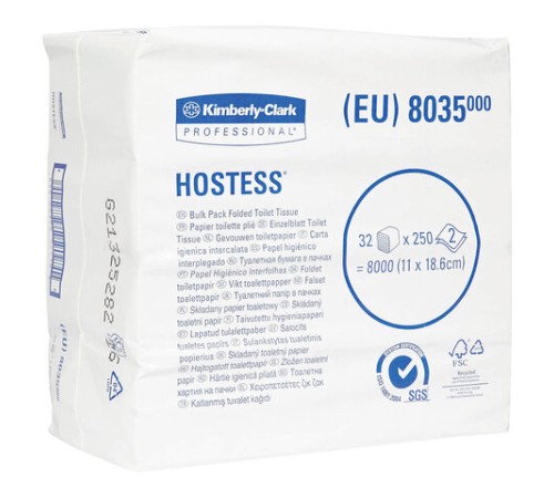 Бумага туалетная листовая KIMBERLY-CLARK Hostess КОМПЛЕКТ 32 шт., 250 листов, 18,6х11 см, 2-слойная, 8035