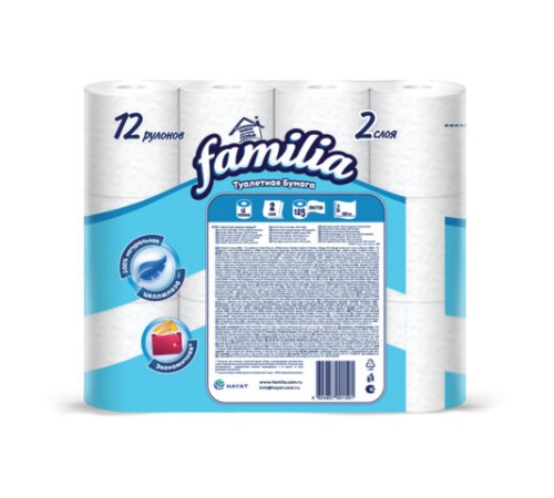 Бумага туалетная бытовая, спайка 12 шт., 2-слойная (12х15 м), FAMILIA CLASSIC, белая, 5070655