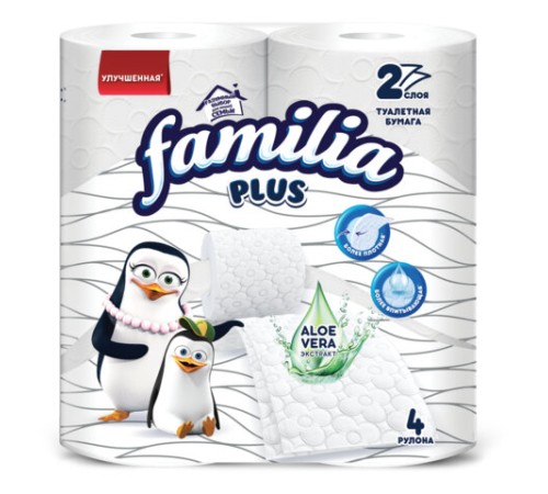 Бумага туалетная бытовая, спайка 4 шт., 2-слойная (4х20,4 м), FAMILIA PLUS, белая, 5080758