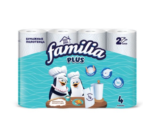 Полотенца бумажные бытовые, спайка 4 шт., 2-слойные (4х12 м), FAMILIA PLUS, 22,7x12 см, белые, 5083816