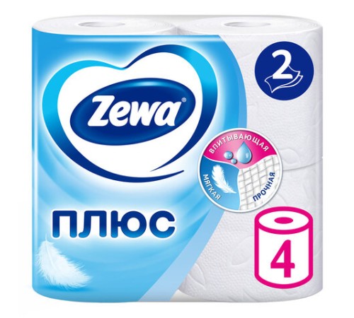 Бумага туалетная 2-х слойная, 4 рулона (4х23 м), белая, ZEWA Plus, 144051
