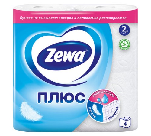 Бумага туалетная 2-х слойная, 4 рулона (4х23 м), белая, ZEWA Plus, 144051