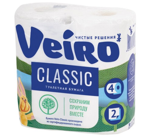 Бумага туалетная бытовая, спайка 4 шт., 2-х слойная (4х17,5 м), VEIRO Classic (Вейро), белая, 5с24