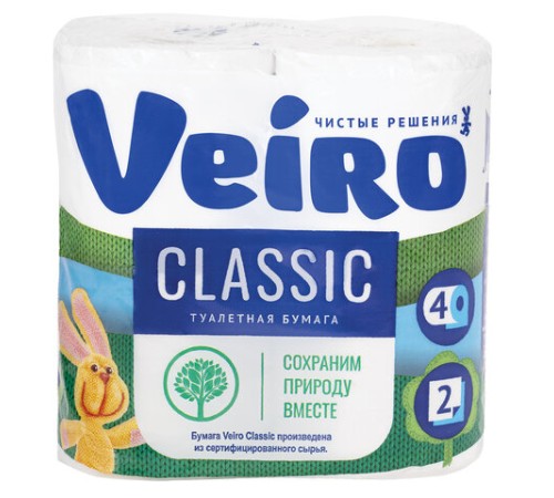 Бумага туалетная бытовая, спайка 4 шт., 2-х слойная (4х17,5 м), VEIRO Classic (Вейро), белая, 5с24