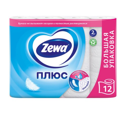 Бумага туалетная 2-х слойная, 12 рулонов (12х23 м), белая, ZEWA Plus, 144090