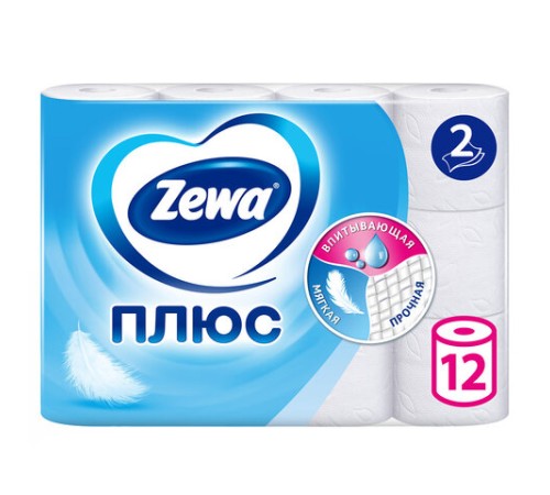 Бумага туалетная 2-х слойная, 12 рулонов (12х23 м), белая, ZEWA Plus, 144090