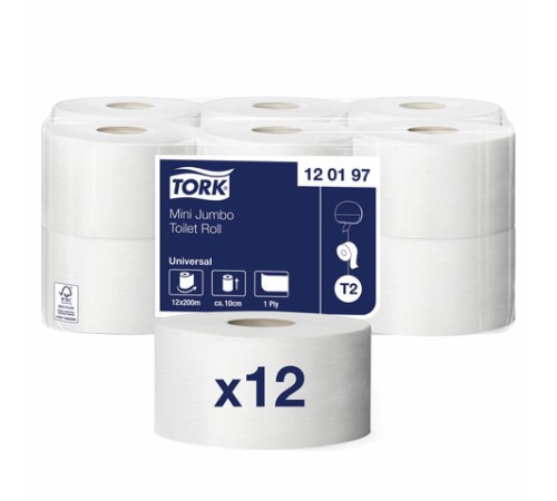 Бумага туалетная 200 метров, Tellus/TORK (Система T2) UNIVERSAL, 1-слойная, КОМПЛЕКТ 12 рулонов, 120197
