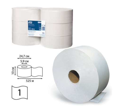 Бумага туалетная 525 м, БОЛЬШОЙ РУЛОН, Tellus/TORK (Система T1) UNIVERSAL, КОМПЛЕКТ 6 рулонов, 1-слойная, 120195