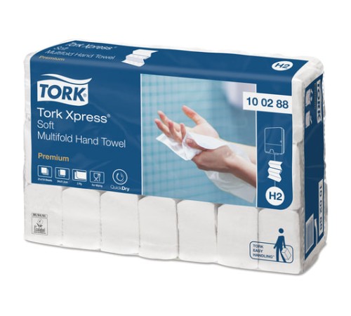 Полотенца бумажные 110 шт., TORK (H2) PREMIUM, КОМПЛЕКТ 21 пачка, 2-слойные, белые, 21х34 см, Z-сложение, 100288