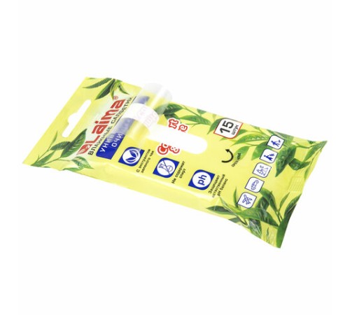 Салфетки влажные 15 шт., УНИВЕРСАЛЬНЫЕ, очищающие, с экстрактом зеленого чая, LAIMA, 125956