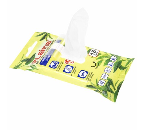 Салфетки влажные 15 шт., УНИВЕРСАЛЬНЫЕ, очищающие, с экстрактом зеленого чая, LAIMA, 125956