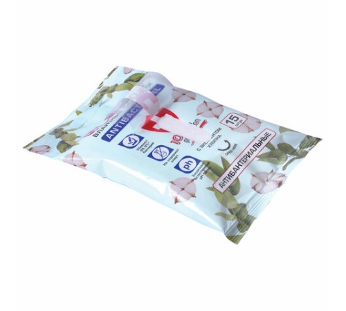 Салфетки влажные 15 шт., АНТИБАКТЕРИАЛЬНЫЕ, с экстрактом хлопка, LAIMA 