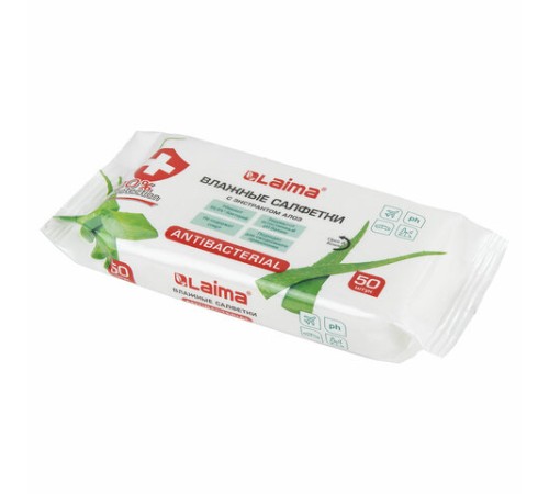 Салфетки влажные 50 шт., АНТИБАКТЕРИАЛЬНЫЕ, с экстрактом алоэ, LAIMA 