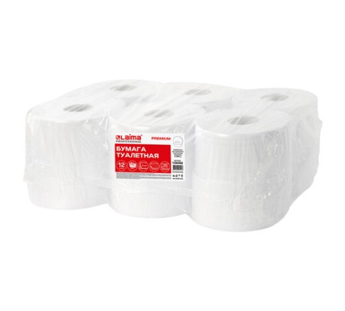 Бумага туалетная 170 м, LAIMA (T2), PREMIUM, 2-слойная, цвет белый, КОМПЛЕКТ 12 рулонов, 126092