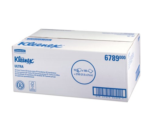Полотенца бумажные 186 шт., KIMBERLY-CLARK Kleenex, КОМПЛЕКТ 15 шт., Ultra, 2-х слойные, белые, 21х21,5 см, Interfold, 6789