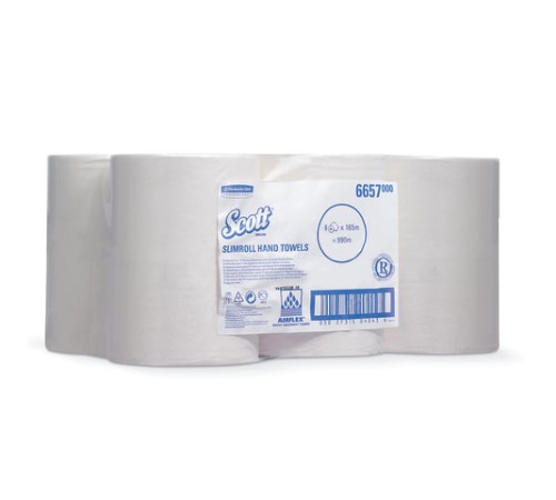 Полотенца бумажные рулонные KIMBERLY-CLARK Scott, КОМПЛЕКТ 6 шт., Slimroll, 165 м, белые, артикул 6657