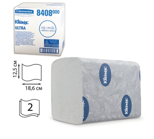 Бумага туалетная листовая KIMBERLY-CLARK Kleenex, КОМПЛЕКТ 36 шт., Ultra, 200 л., 18,6х12,5 см, 2-слойная, артикул 8408