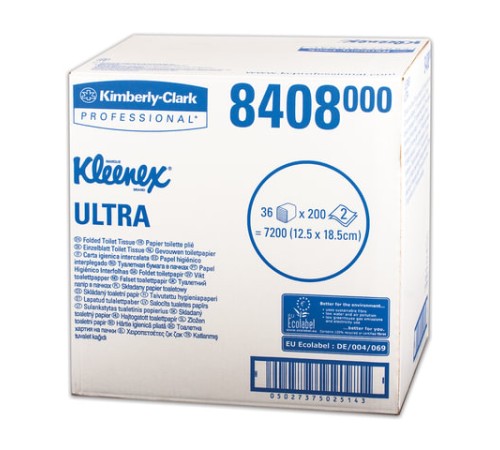 Бумага туалетная листовая KIMBERLY-CLARK Kleenex, КОМПЛЕКТ 36 шт., Ultra, 200 л., 18,6х12,5 см, 2-слойная, артикул 8408