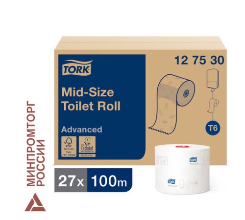 Бумага туалетная 100 м, Tellus/TORK (Система Т6) ADVANCED, КОМПЛЕКТ 27 рулонов, 2-слойная, белая, 127531, 127530/127531