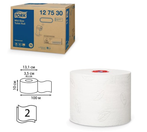 Бумага туалетная 100 м, Tellus/TORK (Система Т6) ADVANCED, КОМПЛЕКТ 27 рулонов, 2-слойная, белая, 127531, 127530/127531