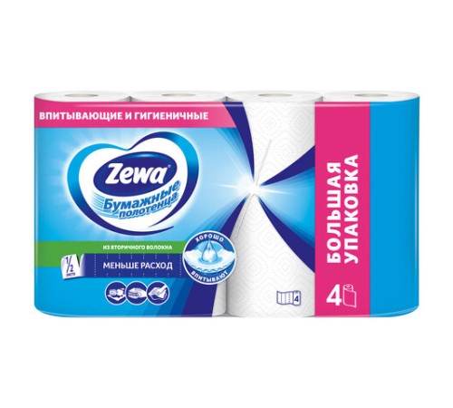 Полотенца бумажные бытовые 2-х слойные, 4 рулона (4х14 м), белые, ZEWA, 144099