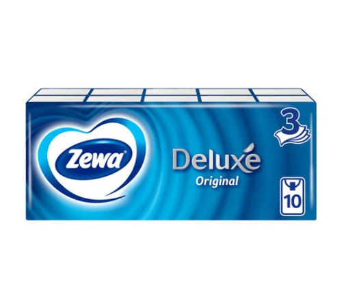 Платочки бумажные носовые ZEWA Deluxe 3-слойные, СПАЙКА 10 пачек по 10 шт., 21х21 см, 51174