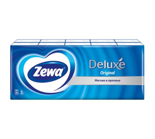Платочки бумажные носовые ZEWA Deluxe 3-слойные, СПАЙКА 10 пачек по 10 шт., 21х21 см, 51174