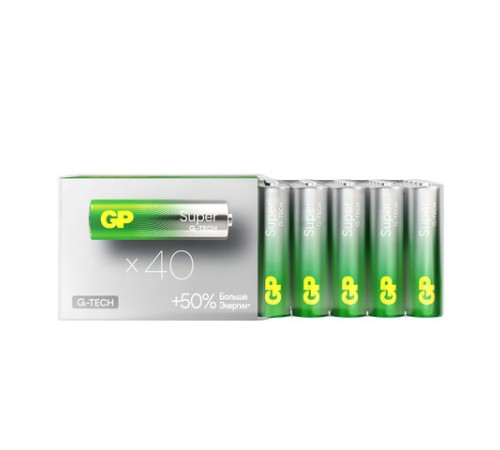 Батарейки КОМПЛЕКТ 40 шт., GP Super G-Tech, AA (LR6,15А), алкалиновые, пальчиковые, 15A-2CRVS40, GP 15A-2CRVS40