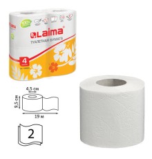 Бумага туалетная бытовая, спайка 4 шт., 2-х слойная, (4х19 м), LAIMA, белая, 126904