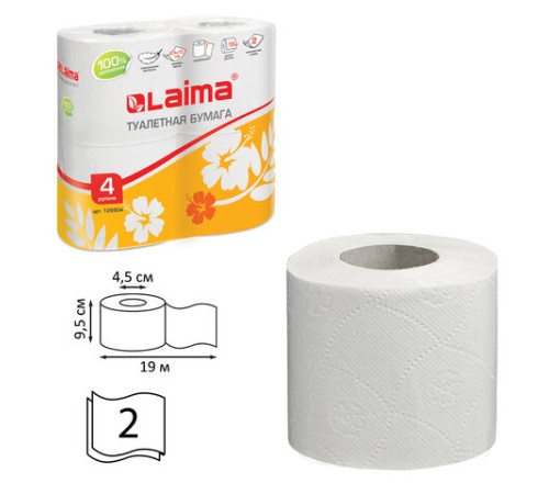 Бумага туалетная бытовая, спайка 4 шт., 2-х слойная, (4х19 м), LAIMA, белая, 126904